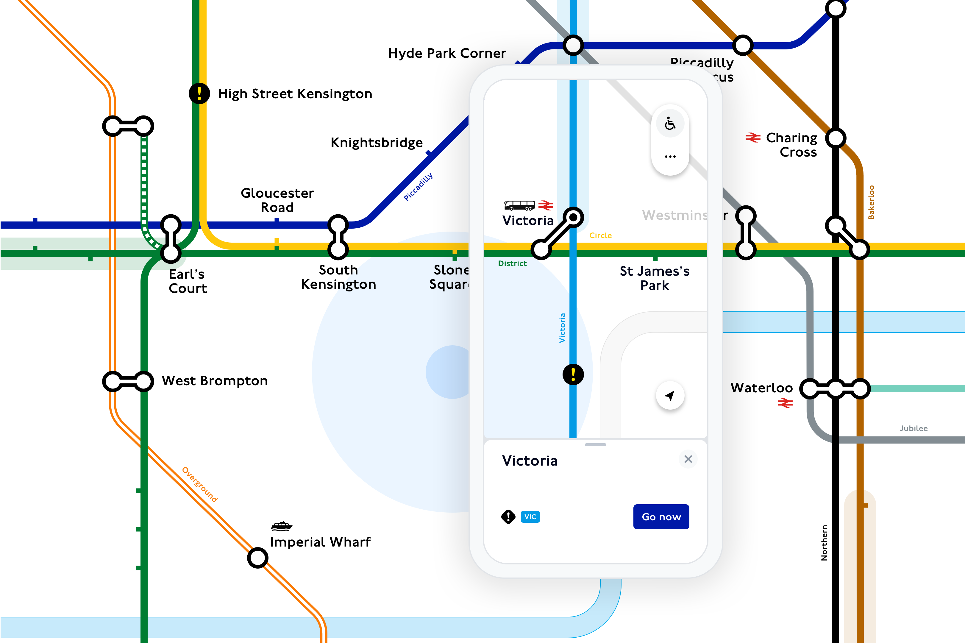 An image of the live, digital Tube map in TfL Go