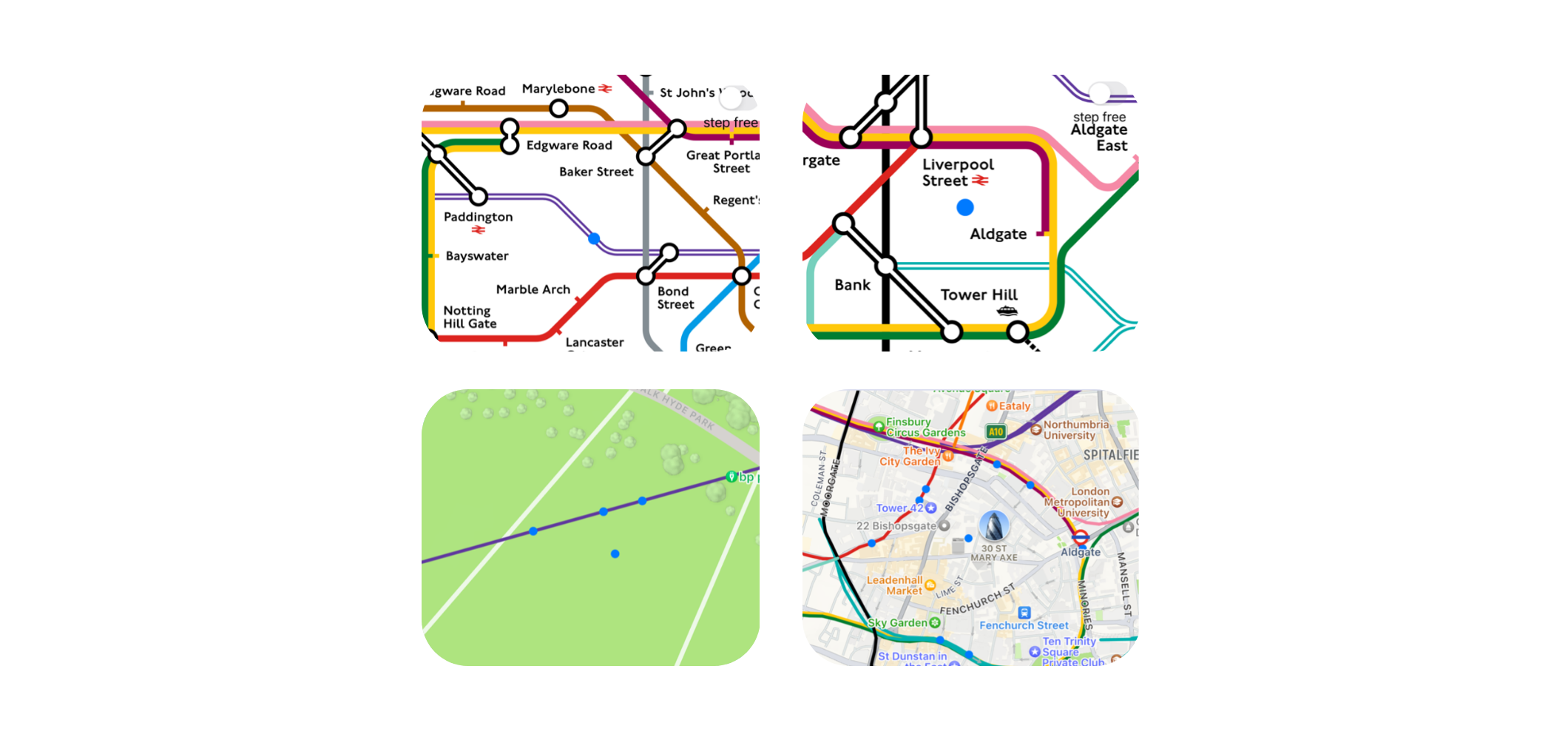 Different views of the live map in TfL Go in comparison with a geographic map. One view showing the blue dot close to a line on both maps and another view showing the blue dot between several lines on both maps.