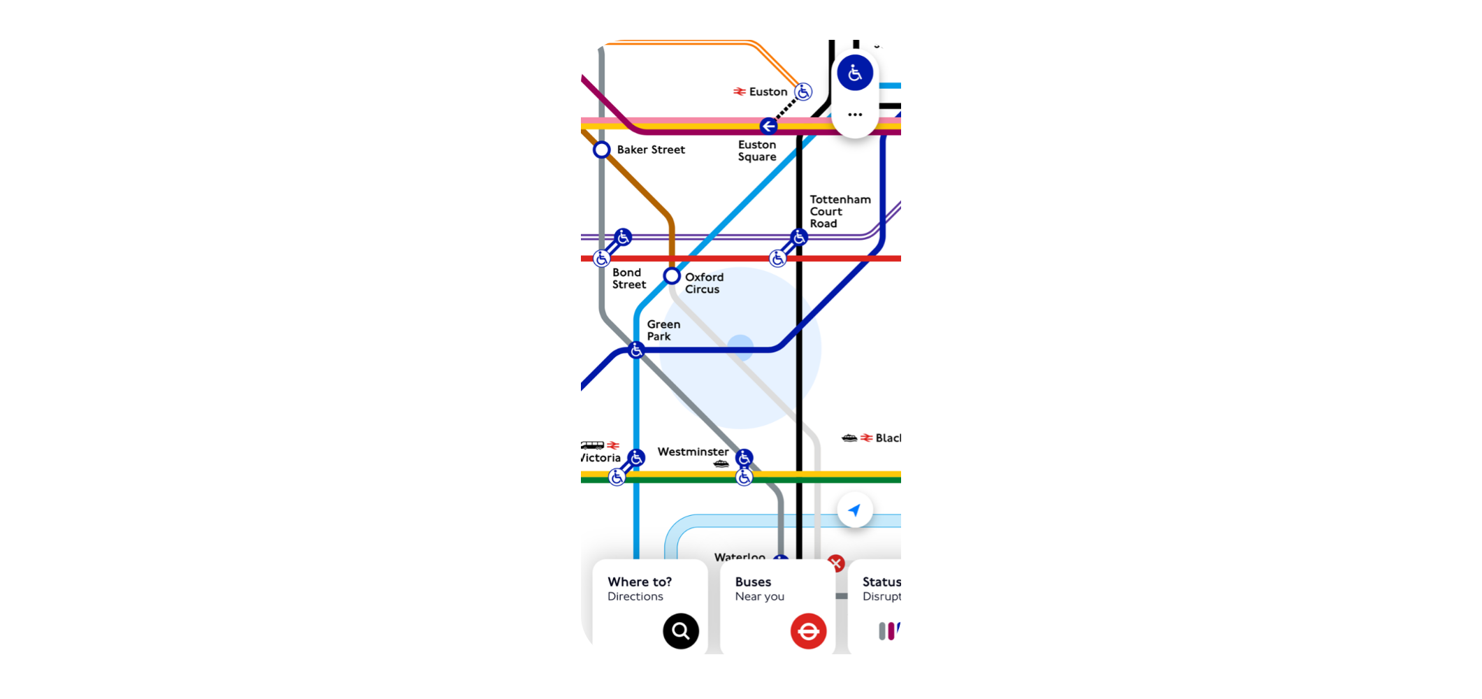 A view of TfL Go showing the blue dot on the live Tube map.
