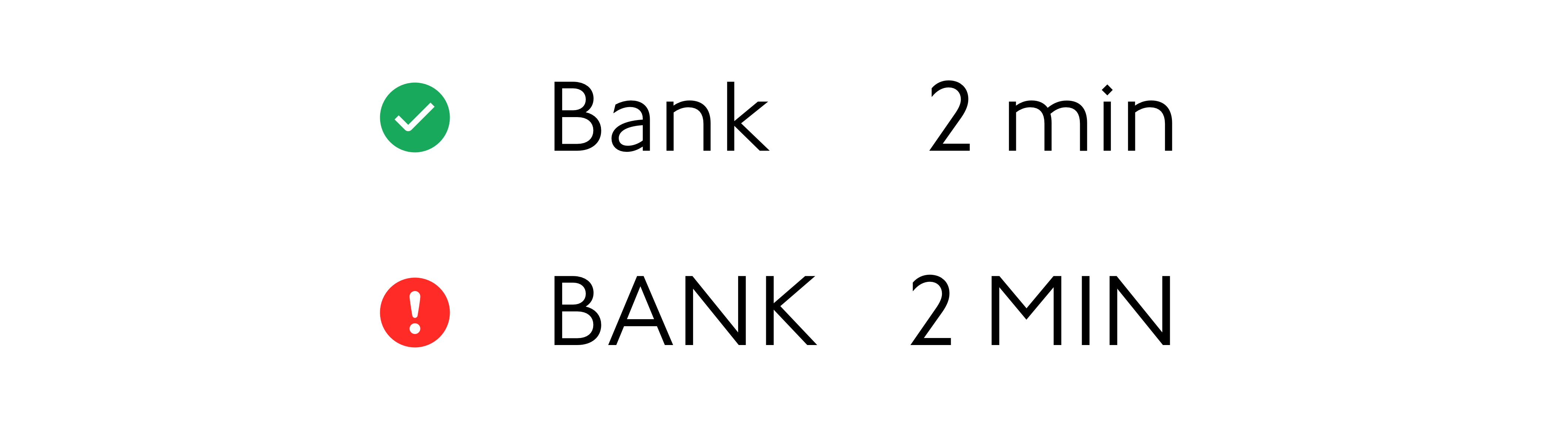 Two lines of text, each reading: "Bank, 2 min". The first line is next to a green tick symbol, and the text in it is set in sentence case. The second line is next to a red excalamtion mark symbol, and the text in it is set in all capitals.