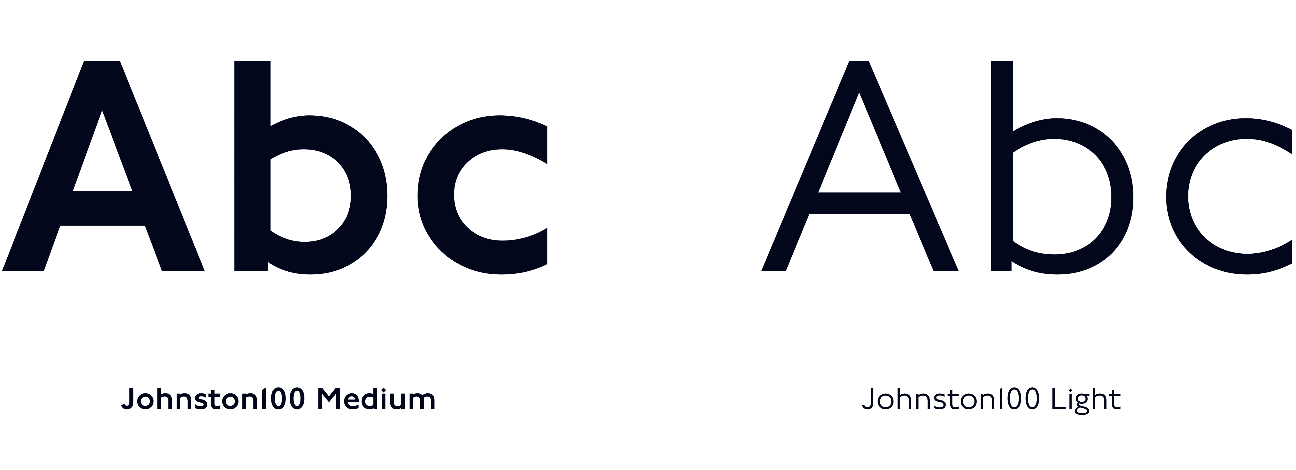 Two examples of the Johnston100 typeface side by side, demonstrating the "Medium" weight, and the "Light" weight. The sample text is "Abc".