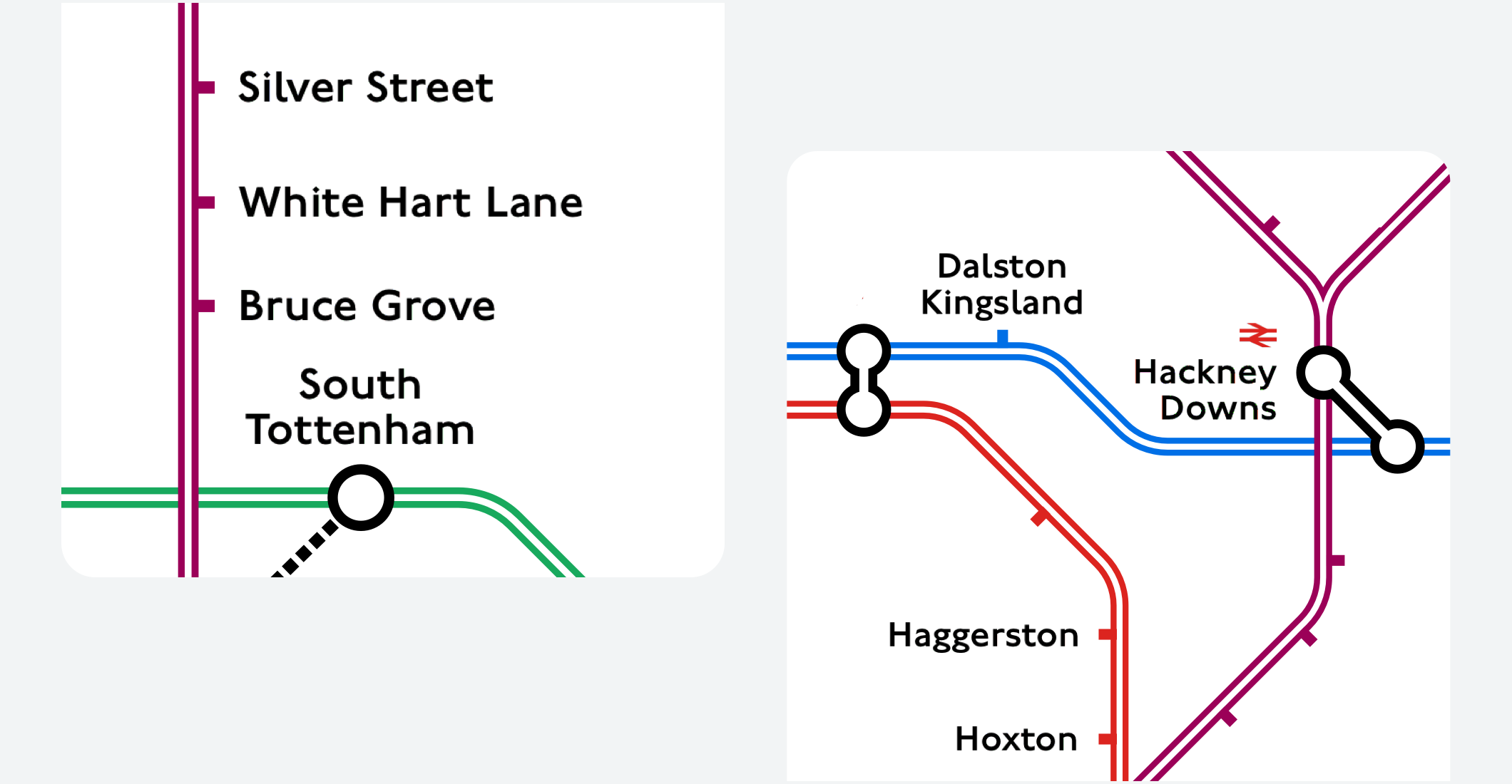 Two diagrammatic maps showing sections of the London Overground lines. One of these shows a section of the Weaver line and a section of the Suffragette line. The other one shows a segment of the Weaver line, a segment of the Mildmay line, and a section of the Windrush line. Both examples display the names of a few stations present in these line segments.
