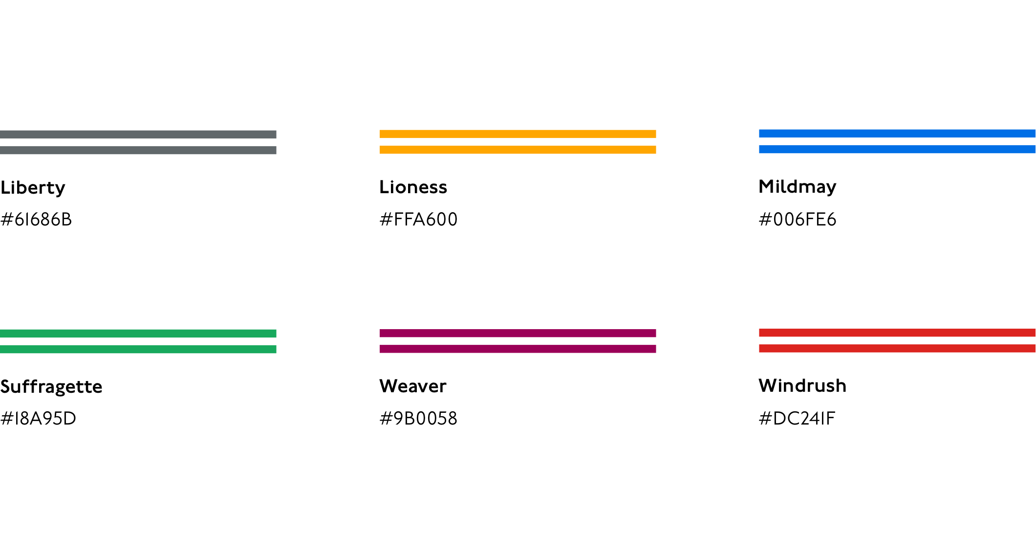 Six pairs of horizontal parallel lines in different colours, representing the six new London Overground lines. Under each line there is a title with the line name and a HEX code (for example, “Liberty, HEX code #61686B”).