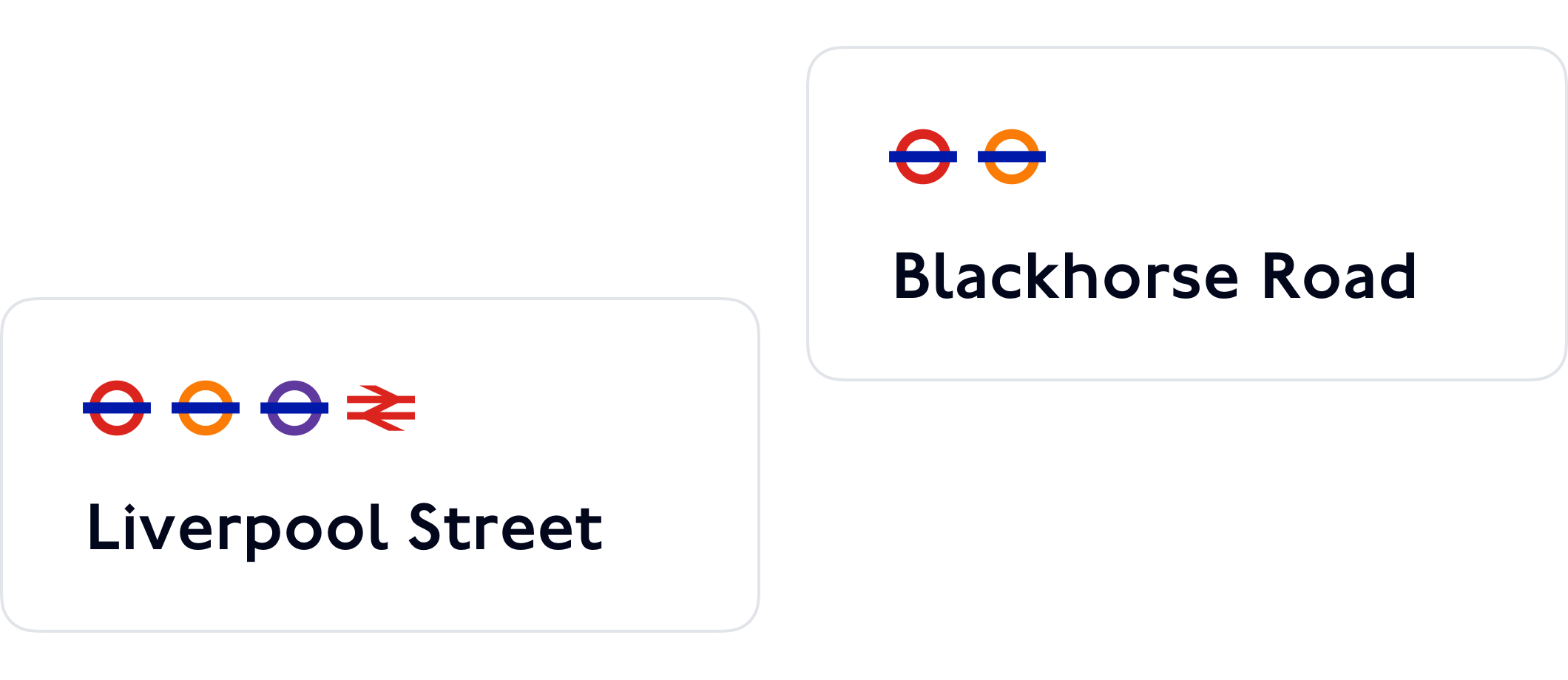 Two examples of UI cards, each displaying the name of a station and the logos of services offered: Liverpool Street (with logos for London Underground, London Overground, Elizabeth line and National Rail); and Blackhorse Road (with logos for London Underground and London Overground).
