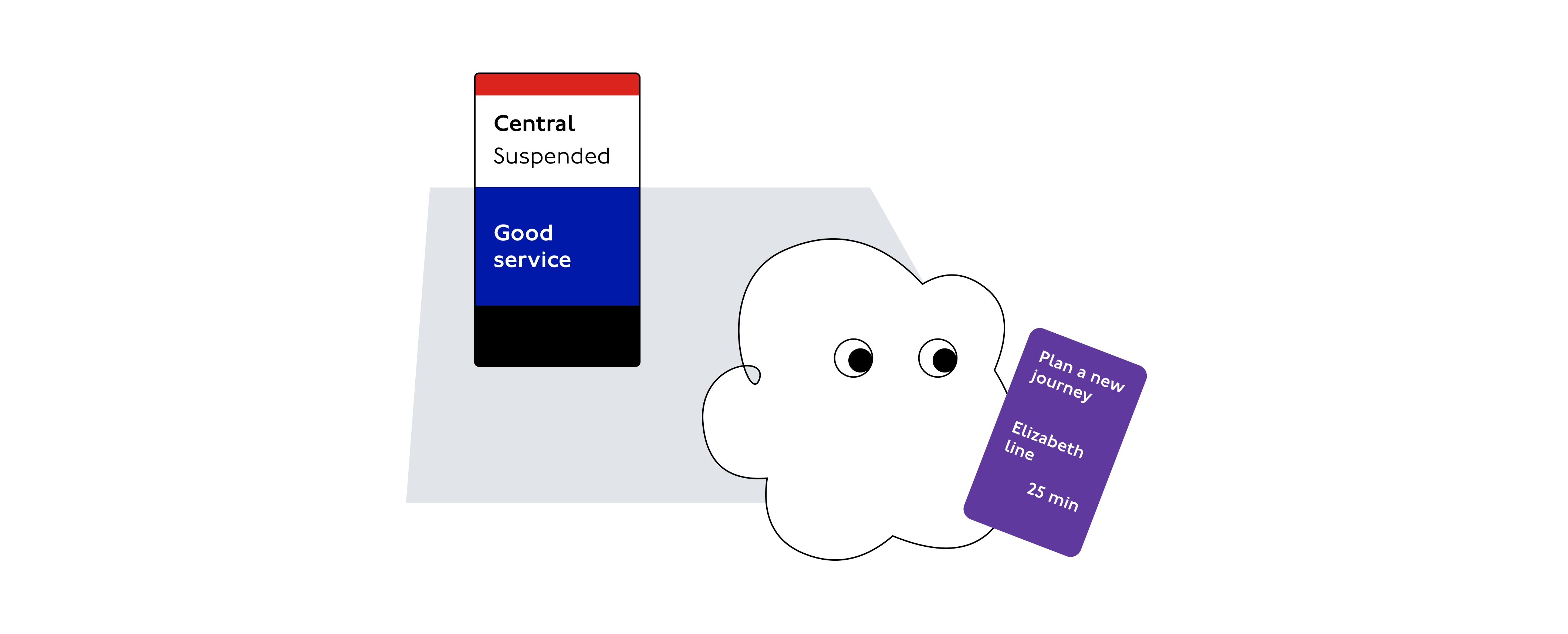 A minimal-looking, abstract illustration of a cloud-shaped cartoon character in an station. They are turned away from a screen showing general network information, and they are looking at alternative journey information on their personal device.