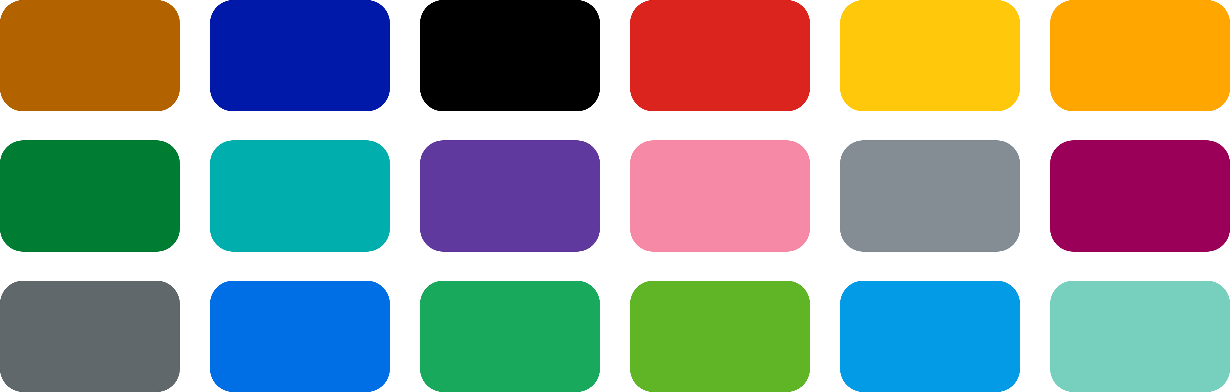 A set of 18 colour swatches. These are the brand colours of each Transport for London mode.