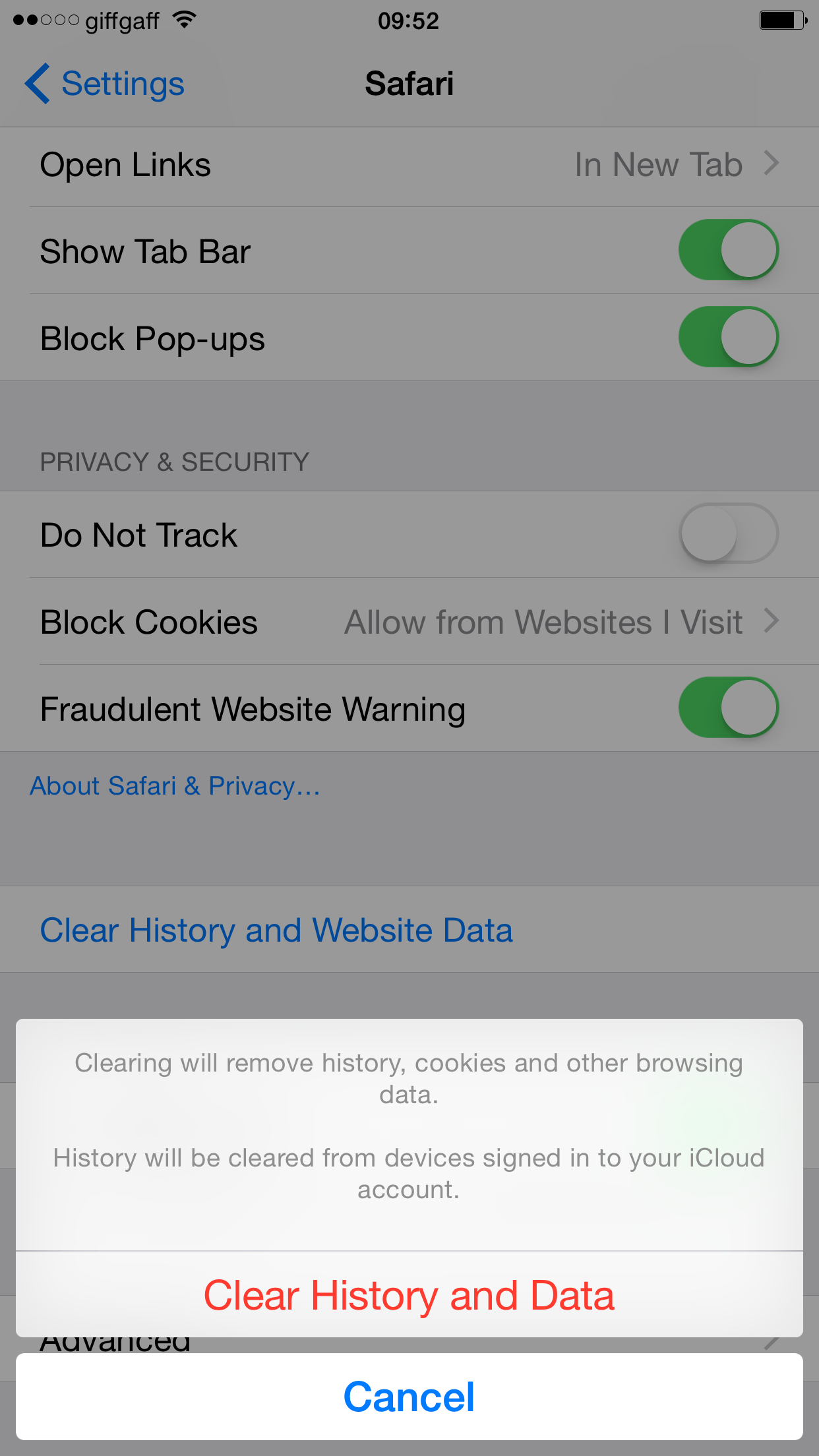 Clear history and data from Safari